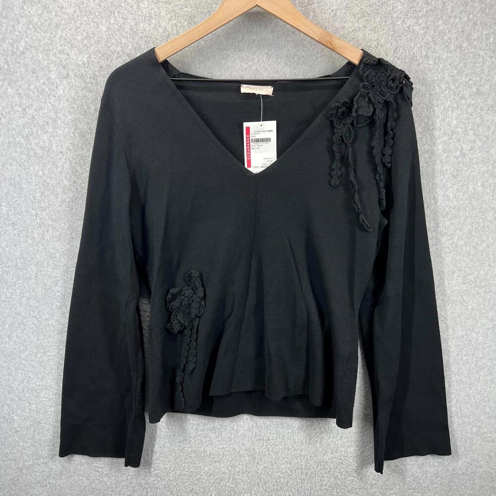 Rebecca Taylor Womens M Blouse Crochet Floral Cotton Embellished V Neck Sweater‎ - Picture 2 of 8